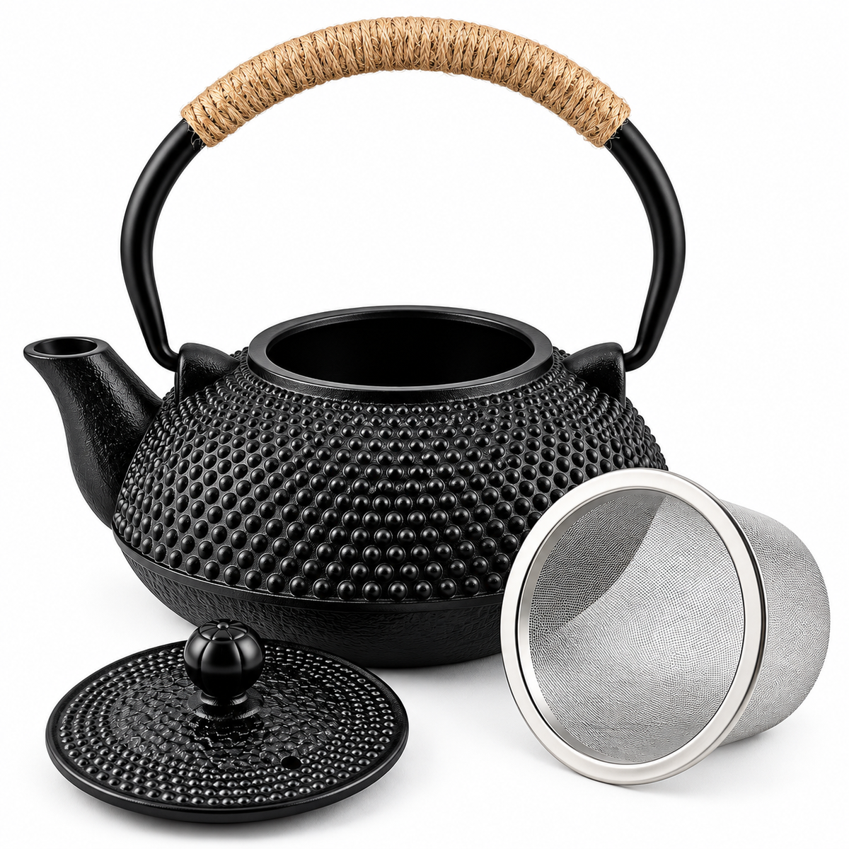 Japanese-Style Black Cast Iron Tetsubin Kettle – 600 ml | Uncoated Iron with Stainless Steel Infuser