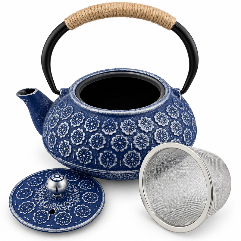 Japanese-Style Blue Floral Cast Iron Teapot with Infuser – 1 Liter (34 oz)