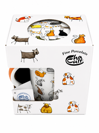 Herb Tea Cup “Dodo & Bodo” – Porcelain Cat Tea Mug with Stainless Steel Infuser & Lid, 8.5 oz