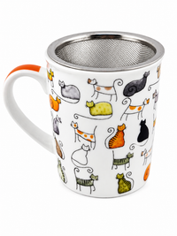 Herb Tea Cup “Dodo & Bodo” – Porcelain Cat Tea Mug with Stainless Steel Infuser & Lid, 8.5 oz