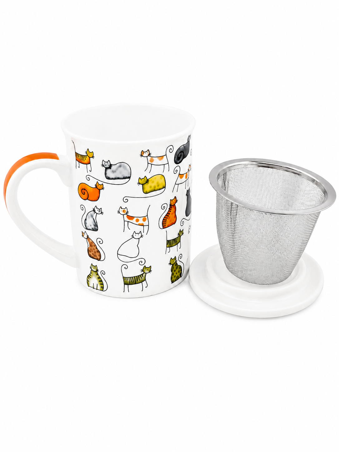 Herb Tea Cup “Dodo & Bodo” – Porcelain Cat Tea Mug with Stainless Steel Infuser & Lid, 8.5 oz