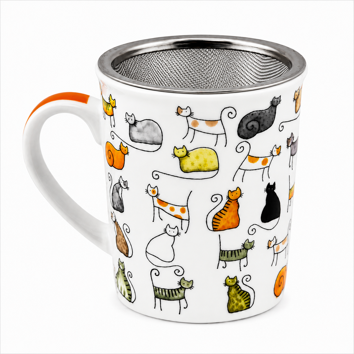 Herb Tea Cup “Dodo & Bodo” – Porcelain Cat Tea Mug with Stainless Steel Infuser & Lid, 8.5 oz