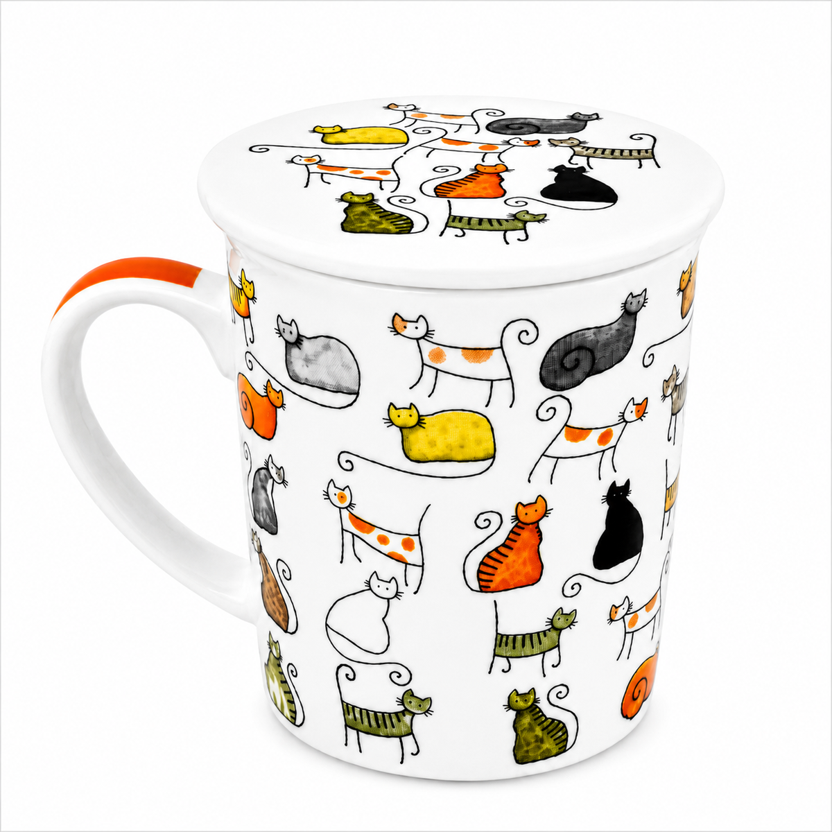 Herb Tea Cup “Dodo & Bodo” – Porcelain Cat Tea Mug with Stainless Steel Infuser & Lid, 8.5 oz