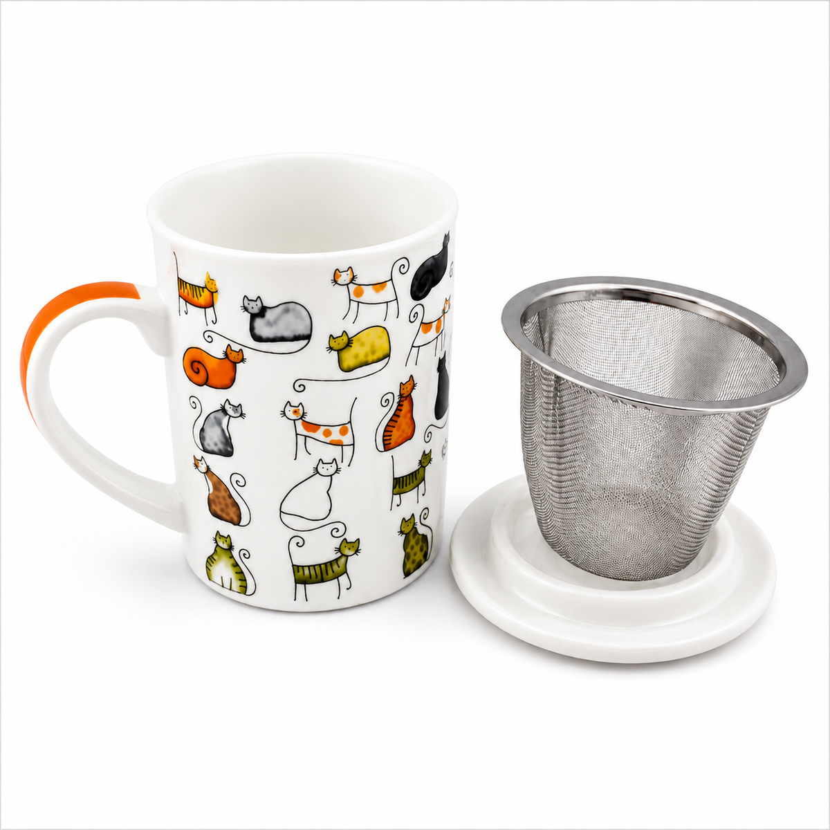 Herb Tea Cup “Dodo & Bodo” – Porcelain Cat Tea Mug with Stainless Steel Infuser & Lid, 8.5 oz