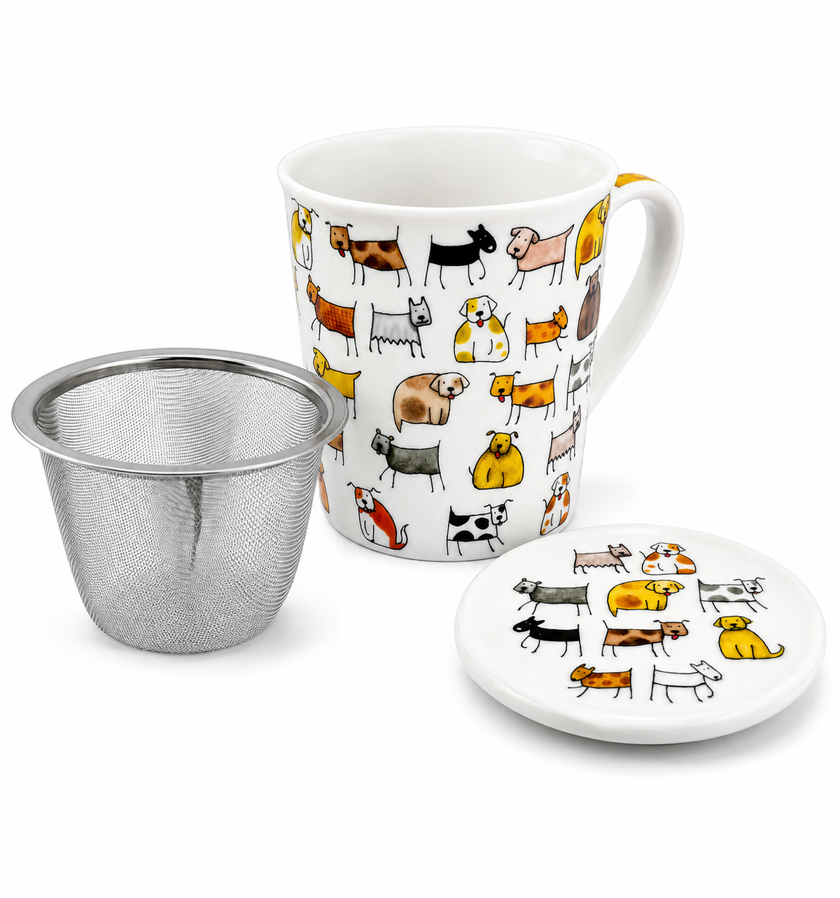 Herb Tea Cup “Dodo & Bodo” – Porcelain Dog Tea Mug with Stainless Steel Infuser & Lid, 8.5 oz