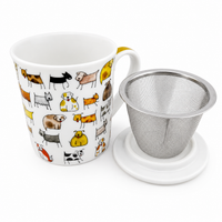 Herb Tea Cup “Dodo & Bodo” – Porcelain Dog Tea Mug with Stainless Steel Infuser & Lid, 8.5 oz