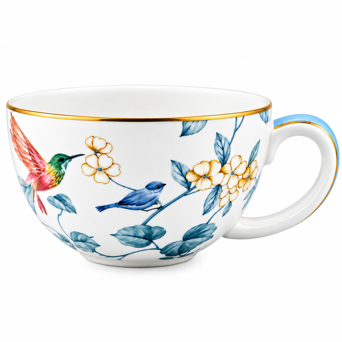 Blue Bird & Blossom Porcelain Tea Set – Elegant Floral Teaware with Gold Accents