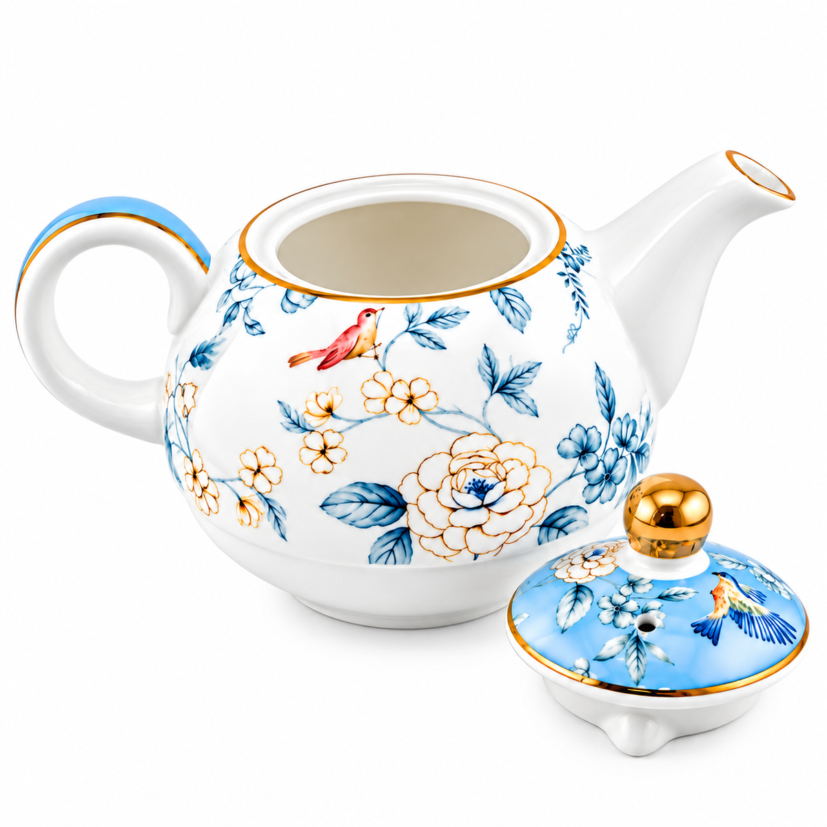 Blue Bird & Blossom Porcelain Tea Set – Elegant Floral Teaware with Gold Accents