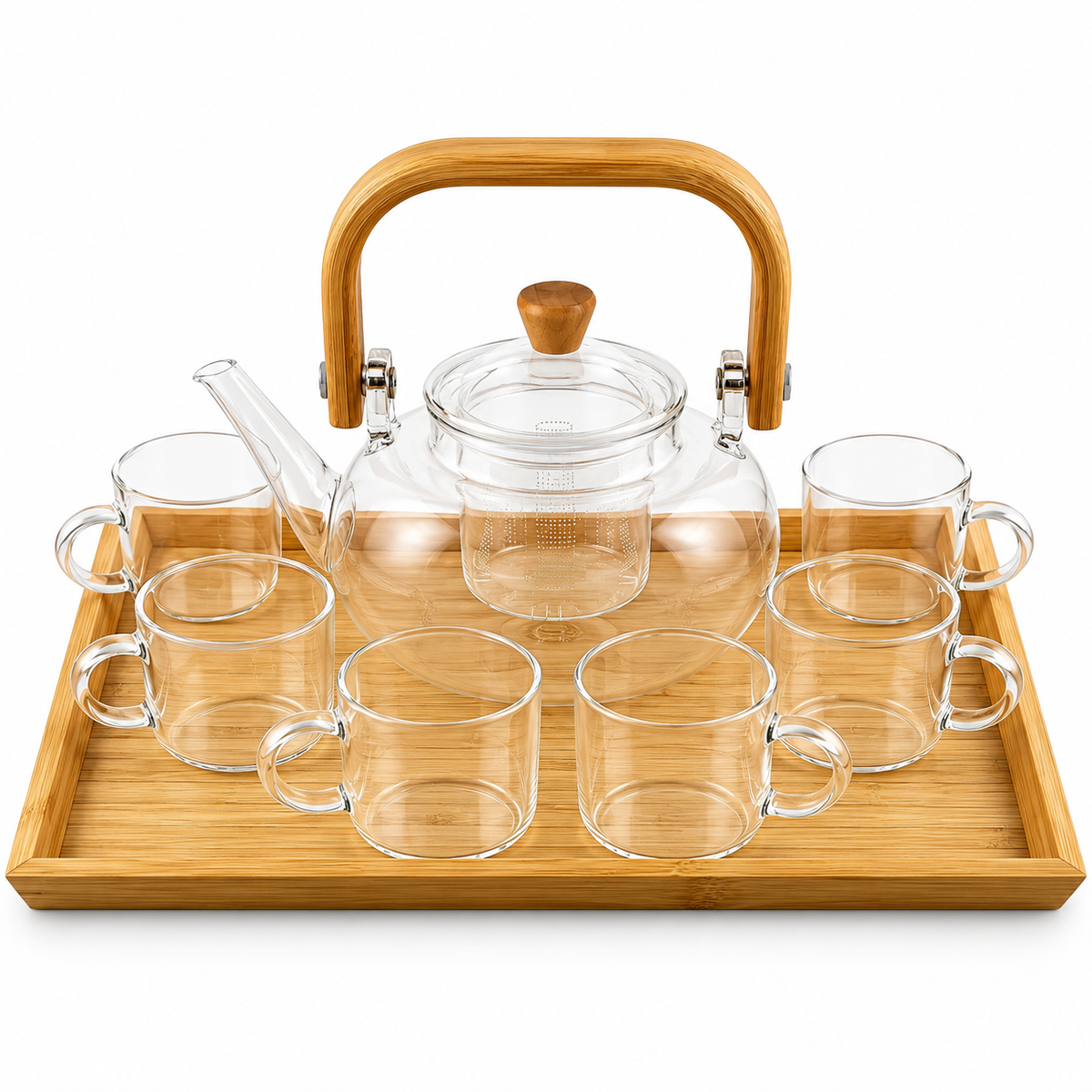 Modern Clear Glass Tea Maker Set with Bamboo Tray & 6 Cups – 1000 ml Borosilicate Teapot