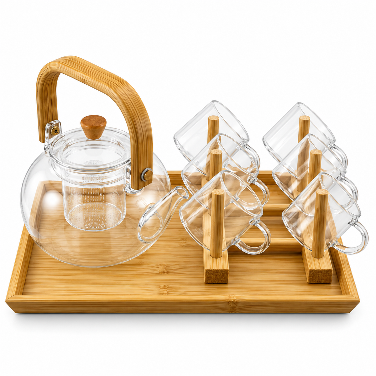 Modern Clear Glass Tea Maker Set with Bamboo Tray & 6 Cups – 1000 ml Borosilicate Teapot