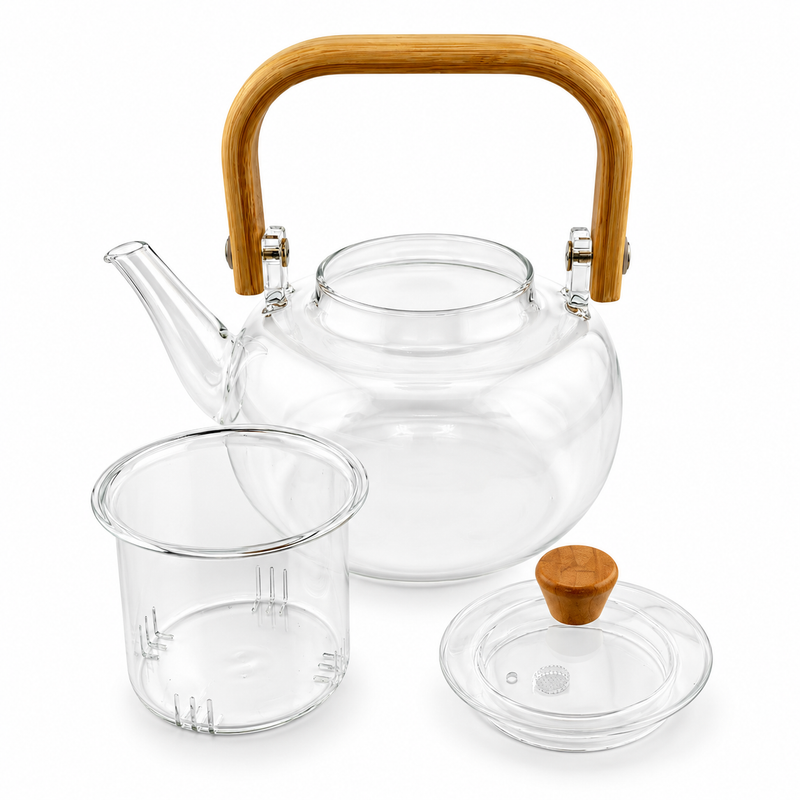 Modern Clear Glass Tea Maker Set with Bamboo Tray & 6 Cups – 1000 ml Borosilicate Teapot
