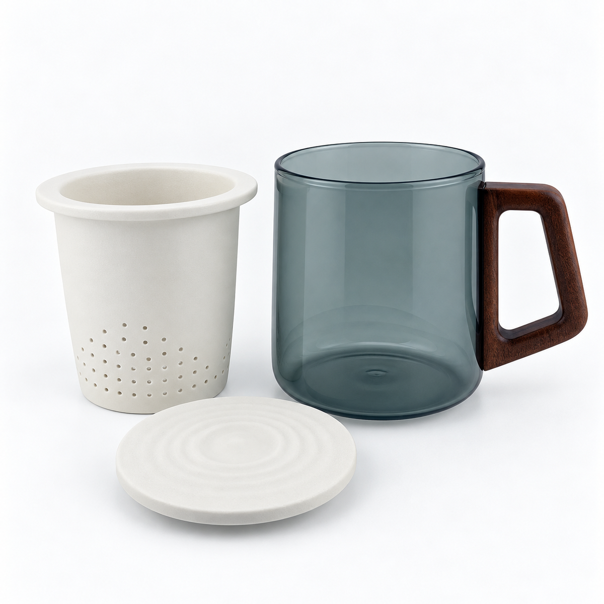 Modern Glass Tea Infuser Cup with Ceramic Filter & Wooden Handle – 400 ml