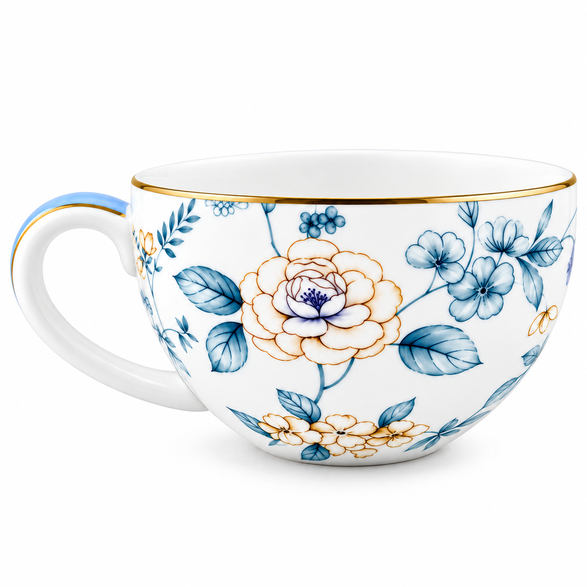 Blue Bird & Blossom Porcelain Tea Set – Elegant Floral Teaware with Gold Accents