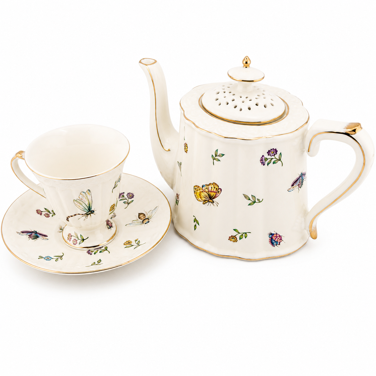Vintage Gold-Gilded Floral Ceramic Teapot & Cup Set – English Afternoon Tea Collection
