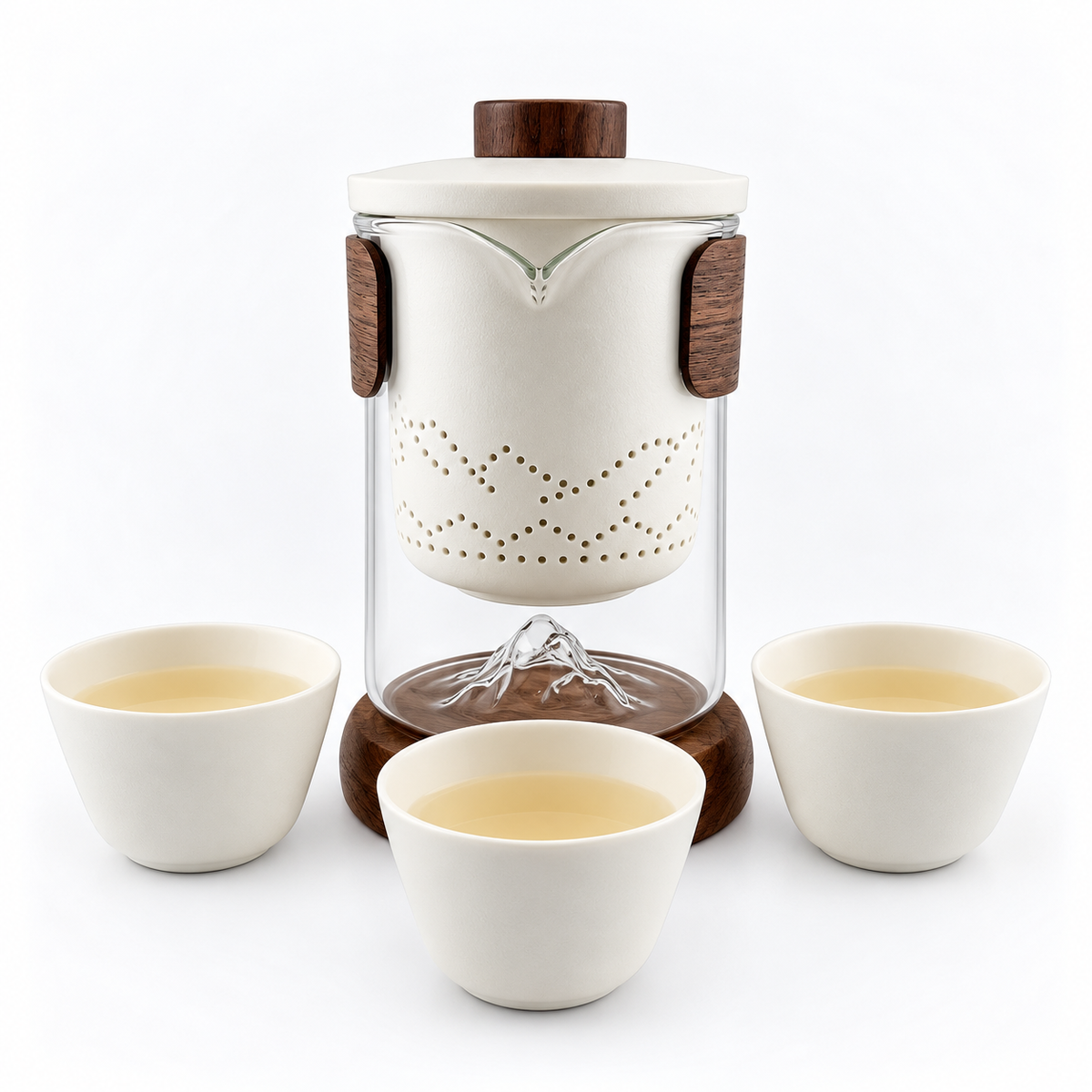 Portable Ceramic Travel Tea Set with Glass Teapot, Built-In Infuser & 3 Cups