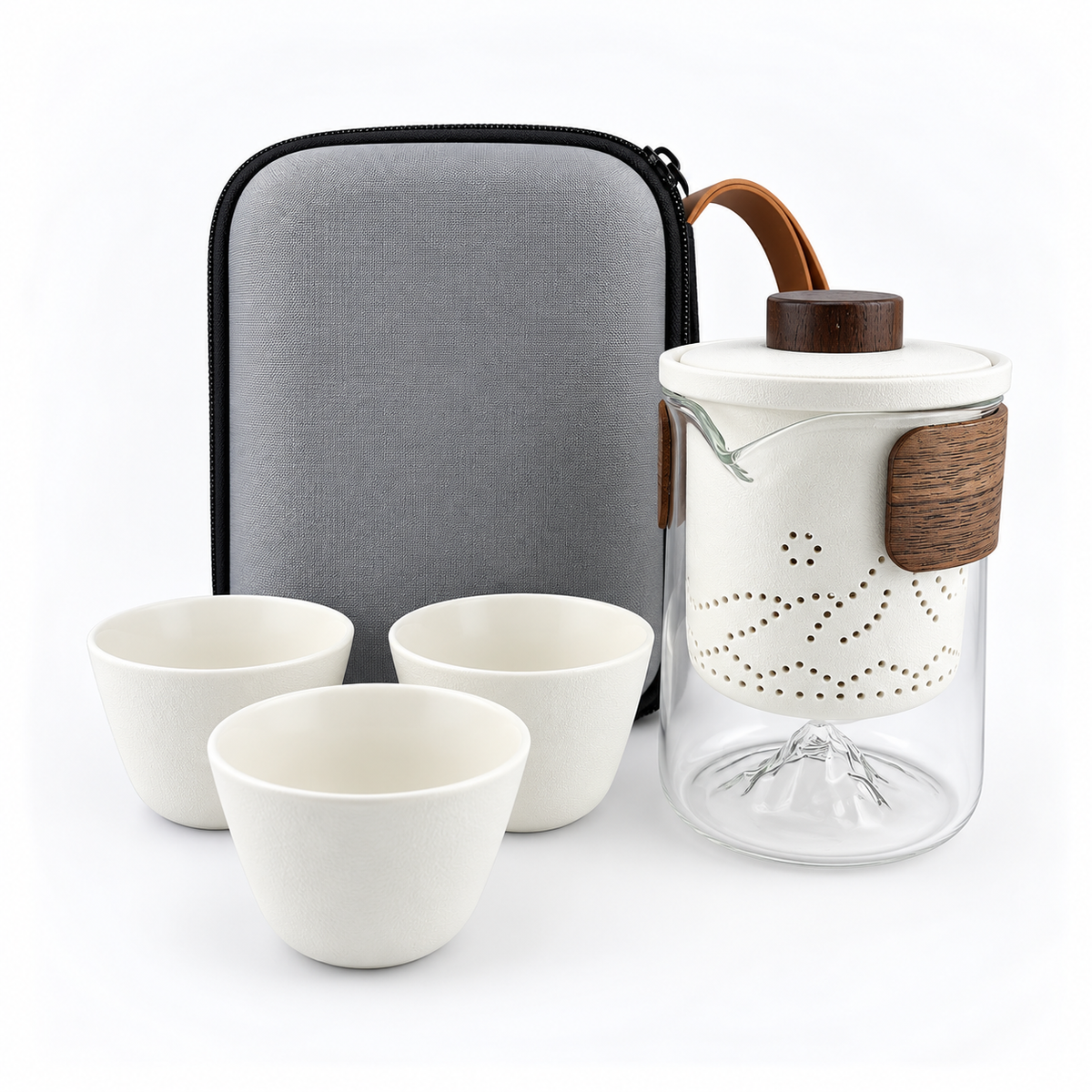Portable Ceramic Travel Tea Set with Glass Teapot, Built-In Infuser & 3 Cups