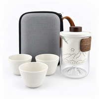 Portable Ceramic Travel Tea Set with Glass Teapot, Built-In Infuser & 3 Cups