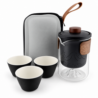 Portable Ceramic Travel Tea Set with Glass Teapot, Built-In Infuser & 3 Cups
