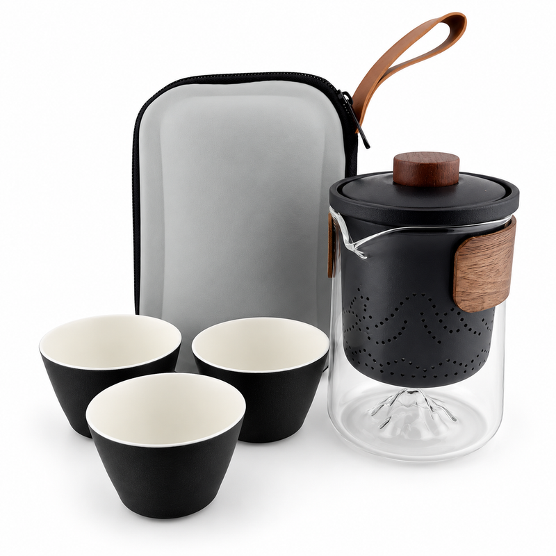 Portable Ceramic Travel Tea Set with Glass Teapot, Built-In Infuser & 3 Cups