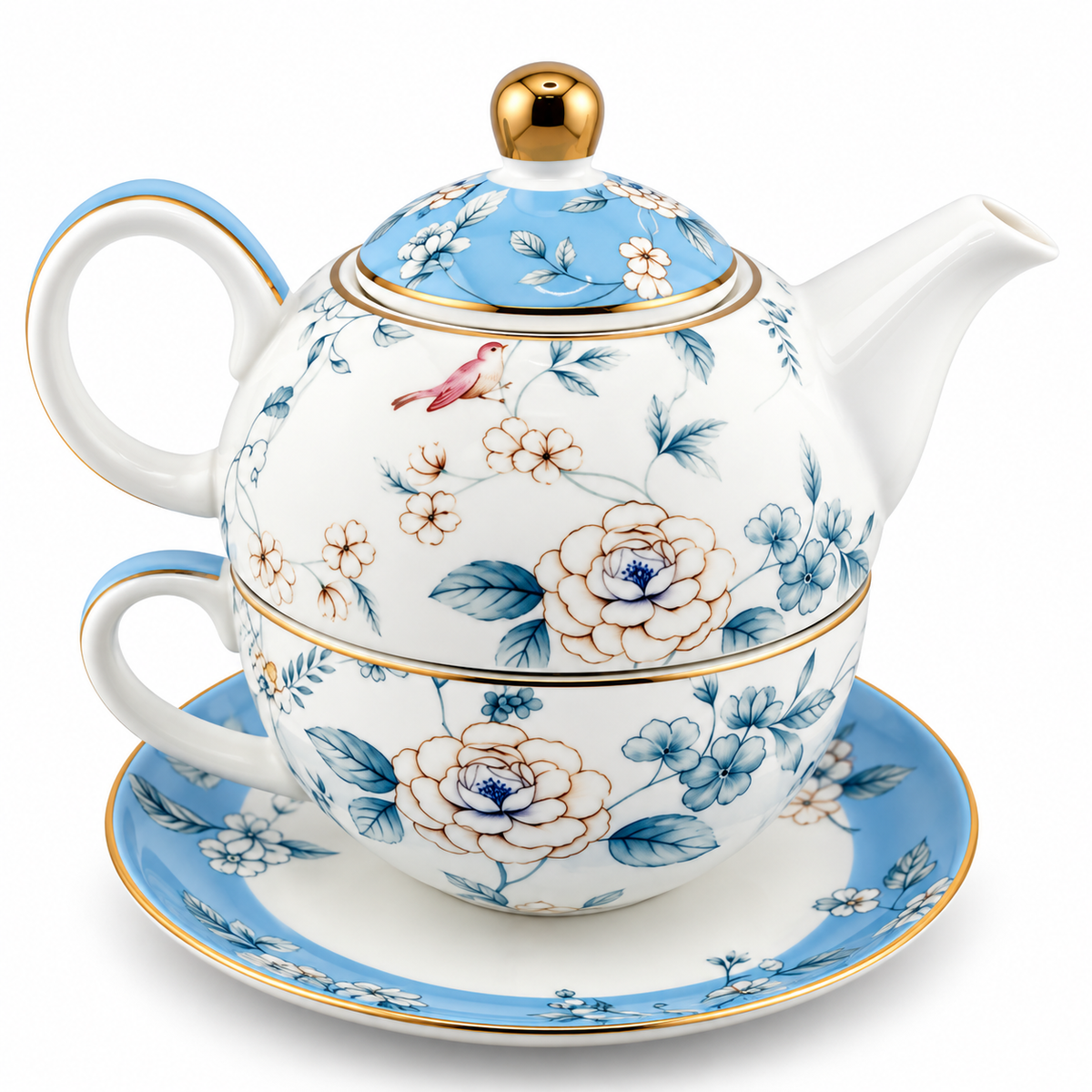 Blue Bird & Blossom Porcelain Tea Set – Elegant Floral Teaware with Gold Accents