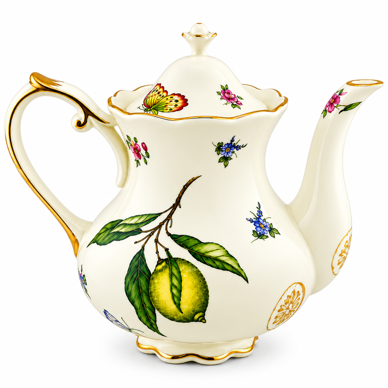 Vintage European Lemon & Butterfly Porcelain Tea Set – Gold Trim | 820 ml Teapot with 2 Teacups & Saucers
