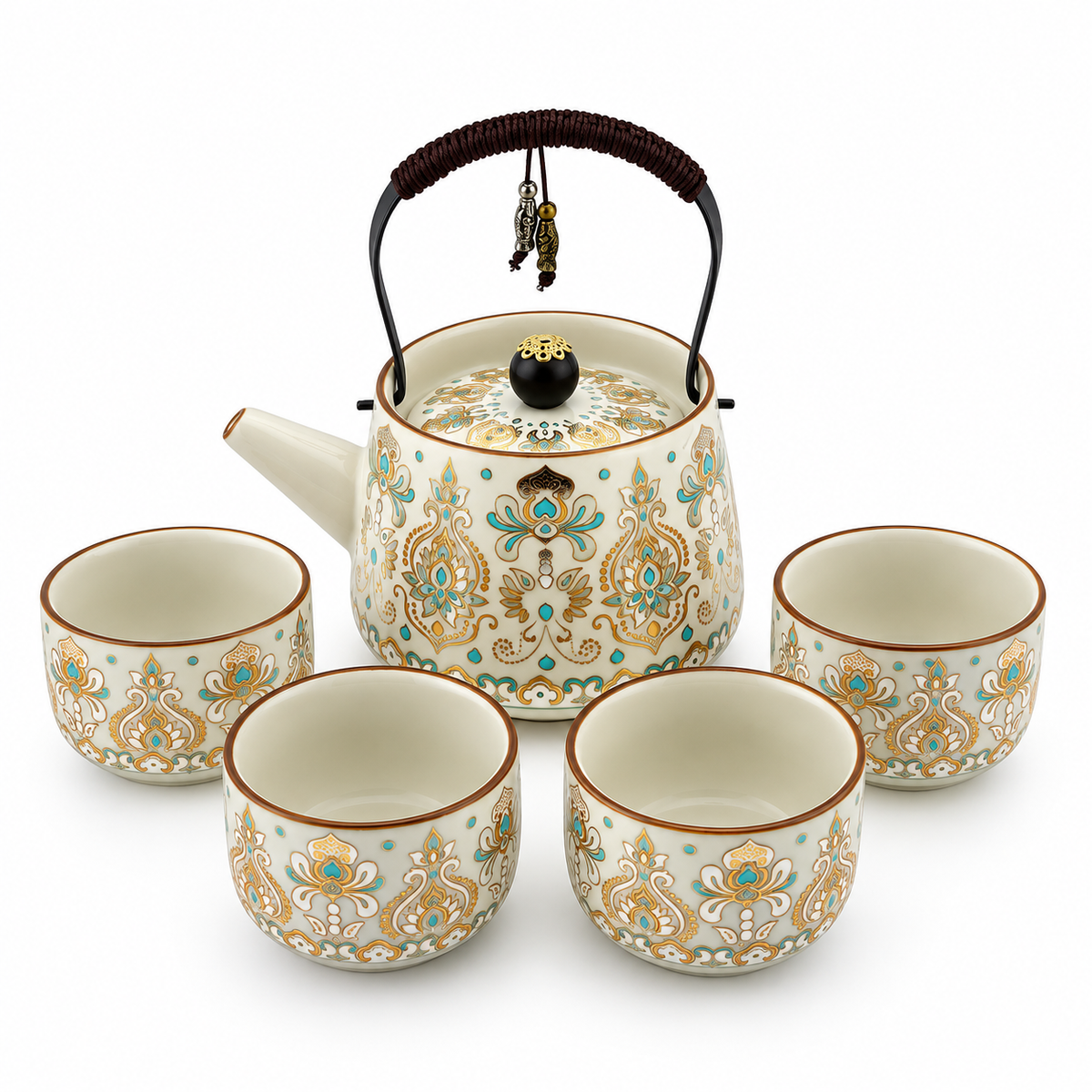 Imperial Elegance Ceramic Tea Set – Turquoise & Gold | 1 Teapot + 4 Cups