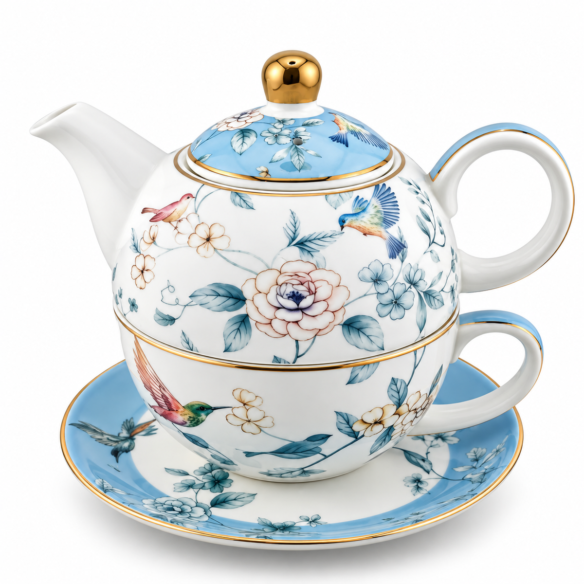 Blue Bird & Blossom Porcelain Tea Set – Elegant Floral Teaware with Gold Accents