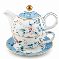 Blue Bird & Blossom Porcelain Tea Set – Elegant Floral Teaware with Gold Accents