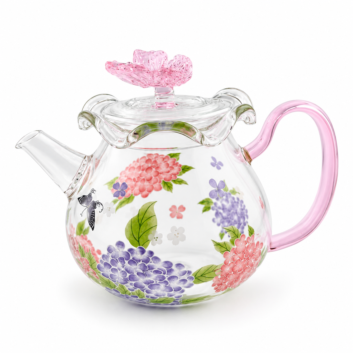 Pink Butterfly & Hydrangea Borosilicate Glass Teapot – 200 ml