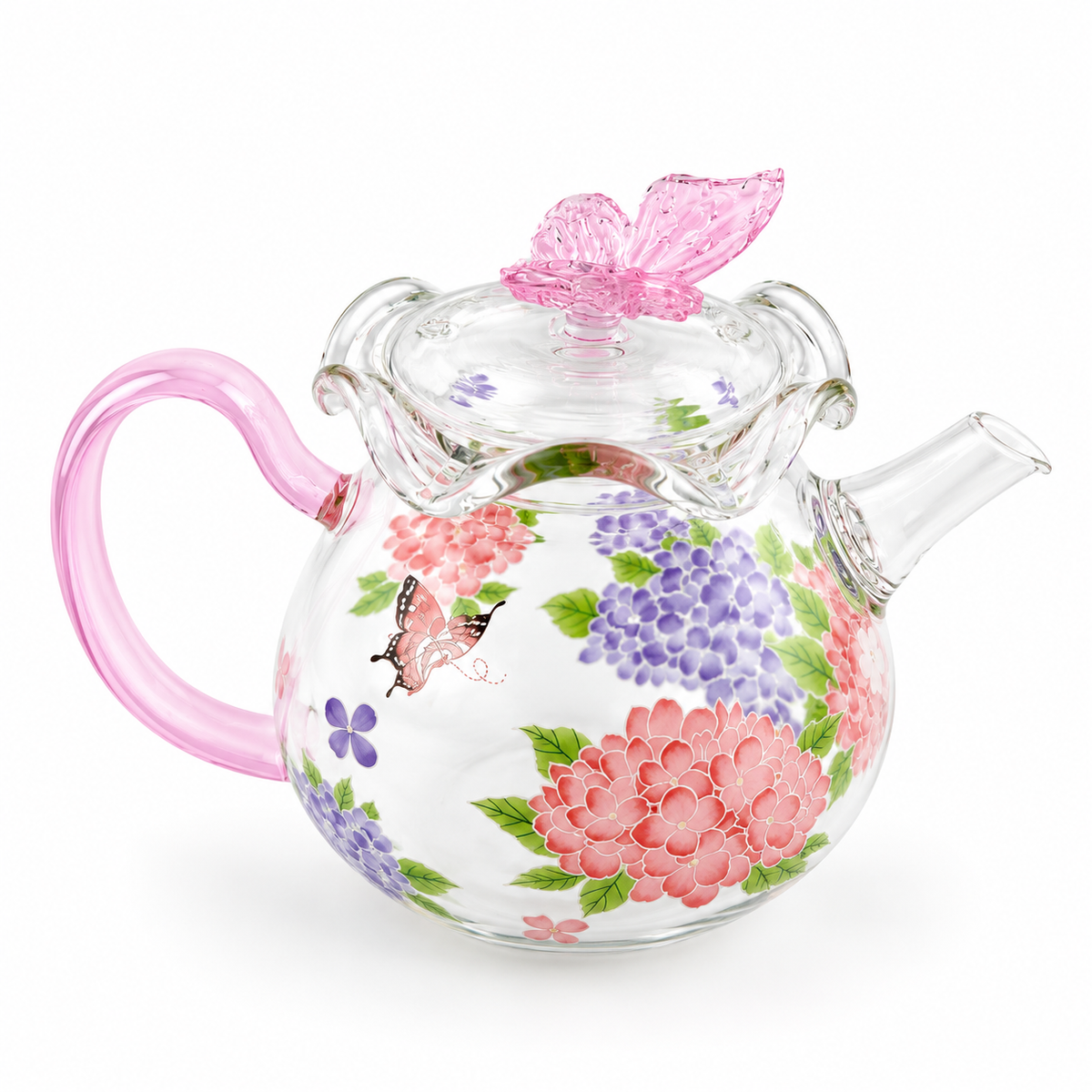 Pink Butterfly & Hydrangea Borosilicate Glass Teapot – 200 ml
