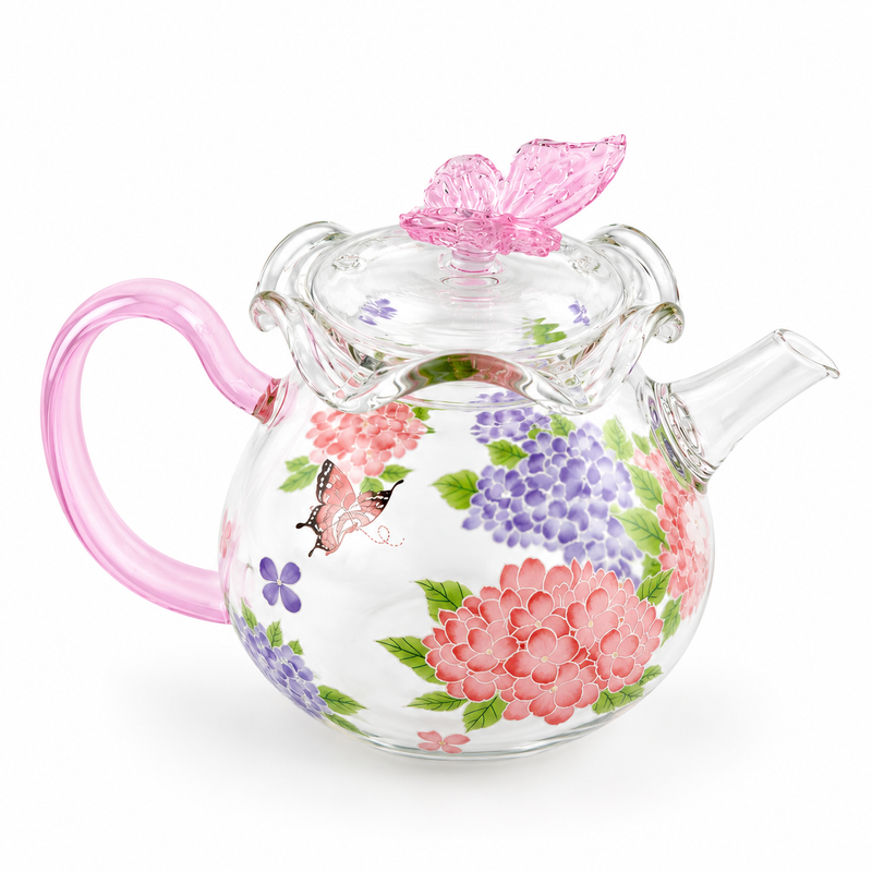 Pink Butterfly & Hydrangea Borosilicate Glass Teapot – 200 ml