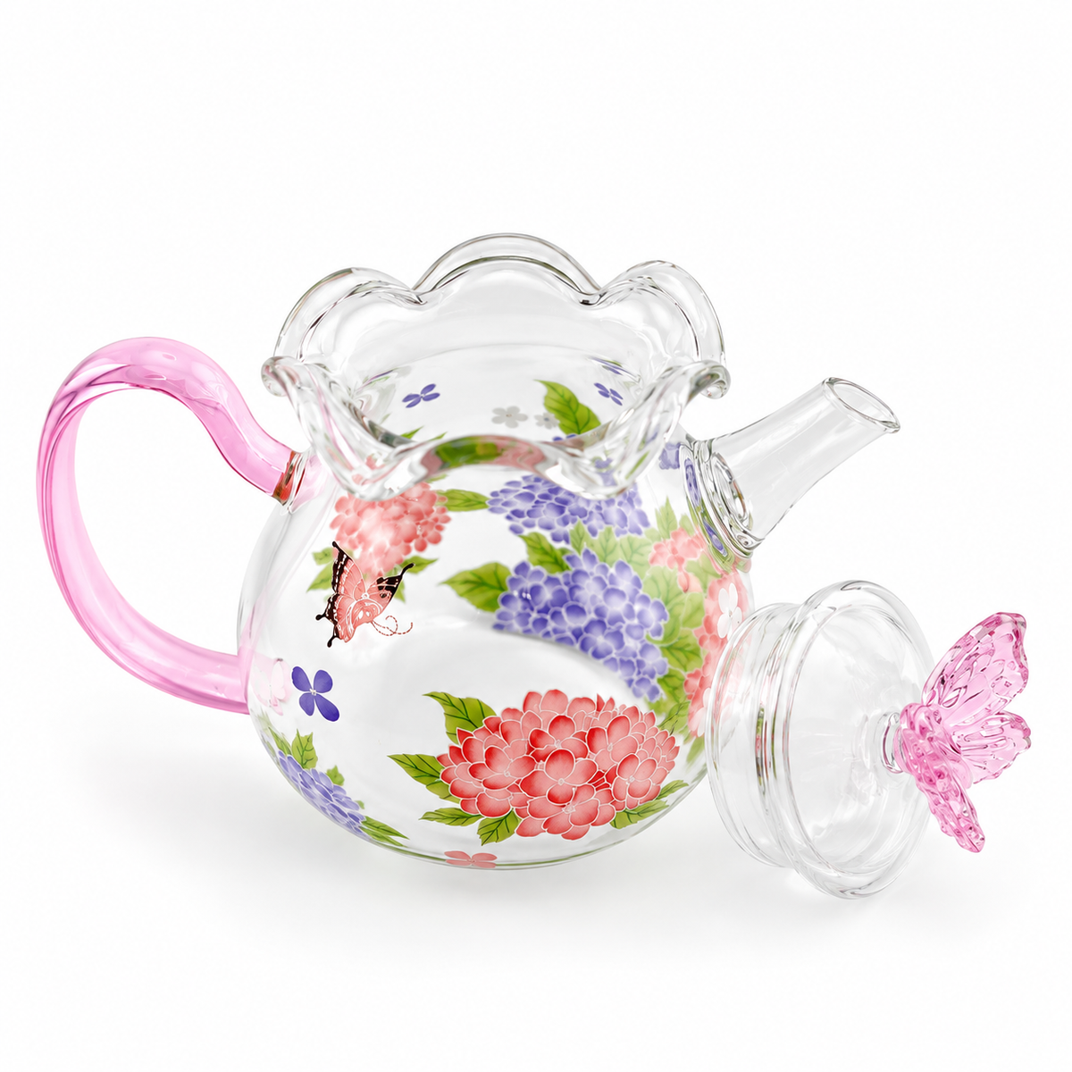 Pink Butterfly & Hydrangea Borosilicate Glass Teapot – 200 ml