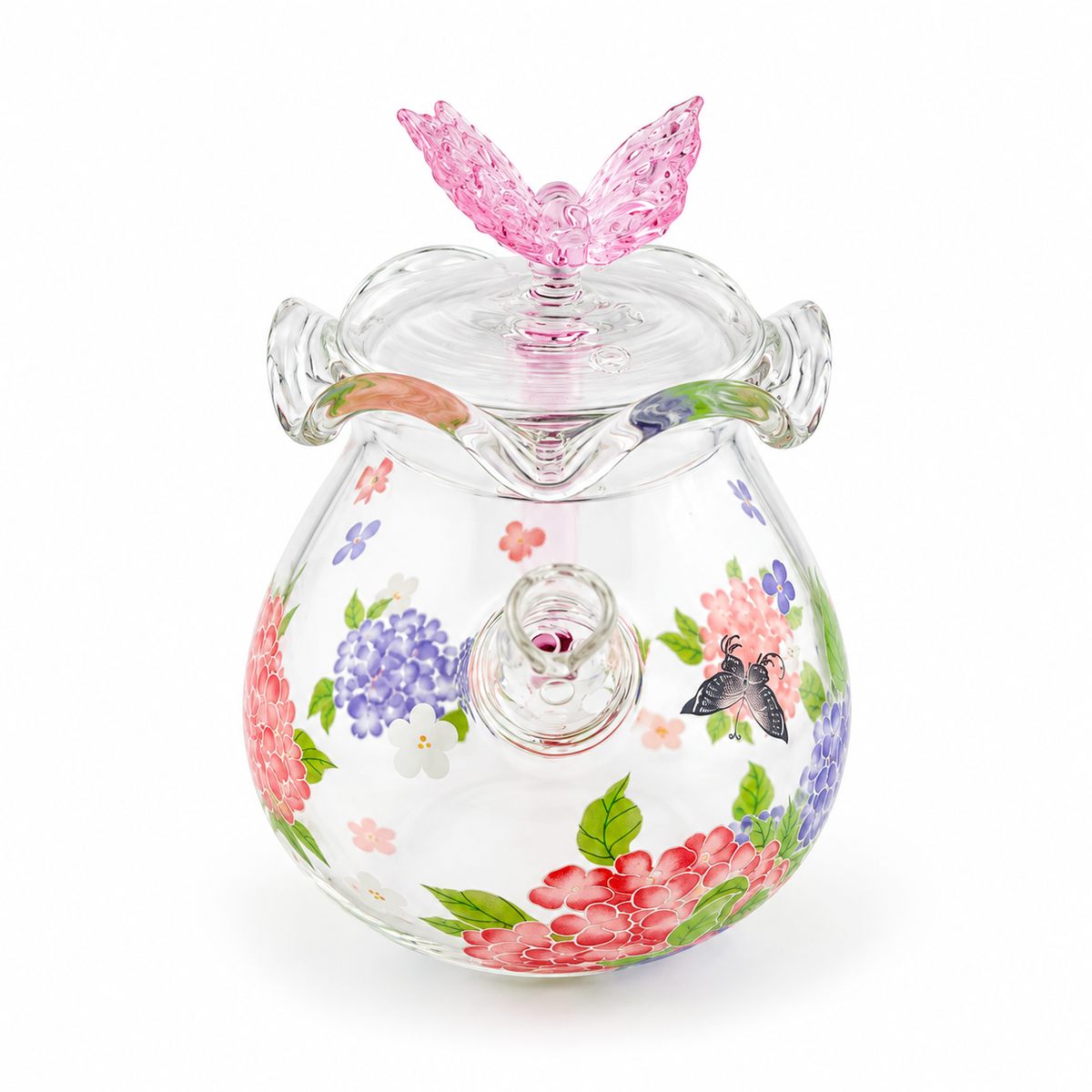 Pink Butterfly & Hydrangea Borosilicate Glass Teapot – 200 ml