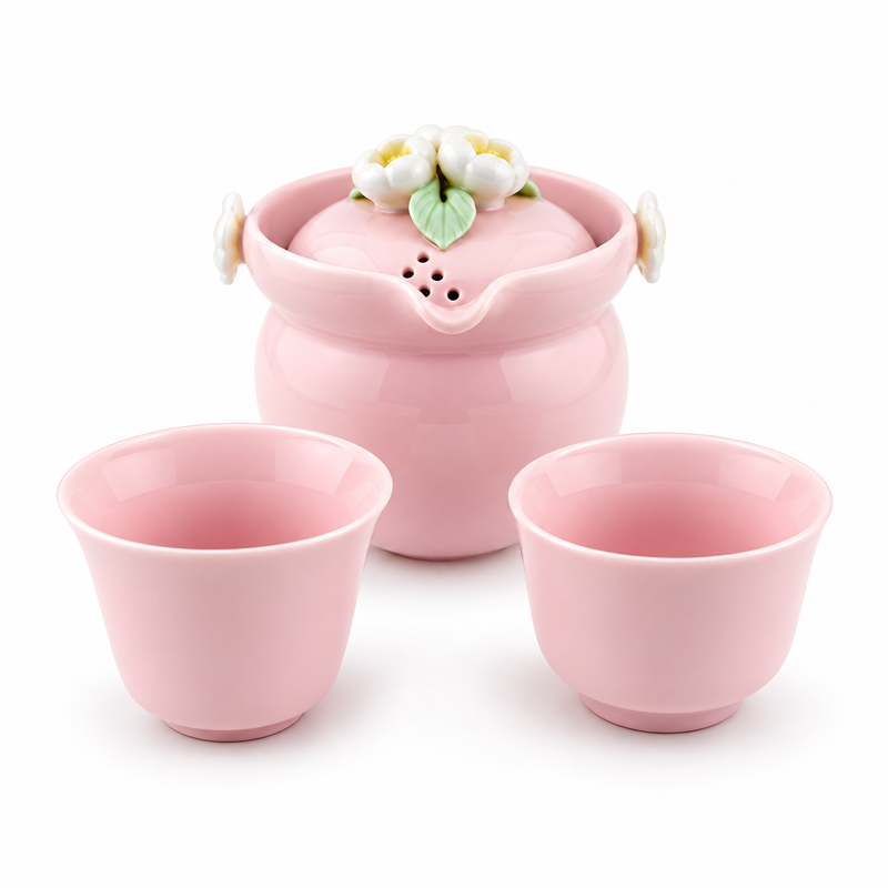 Sakura Pink Porcelain Travel Tea Set – Portable One-Pot Tea Set with 2 Cups & Carrying Case