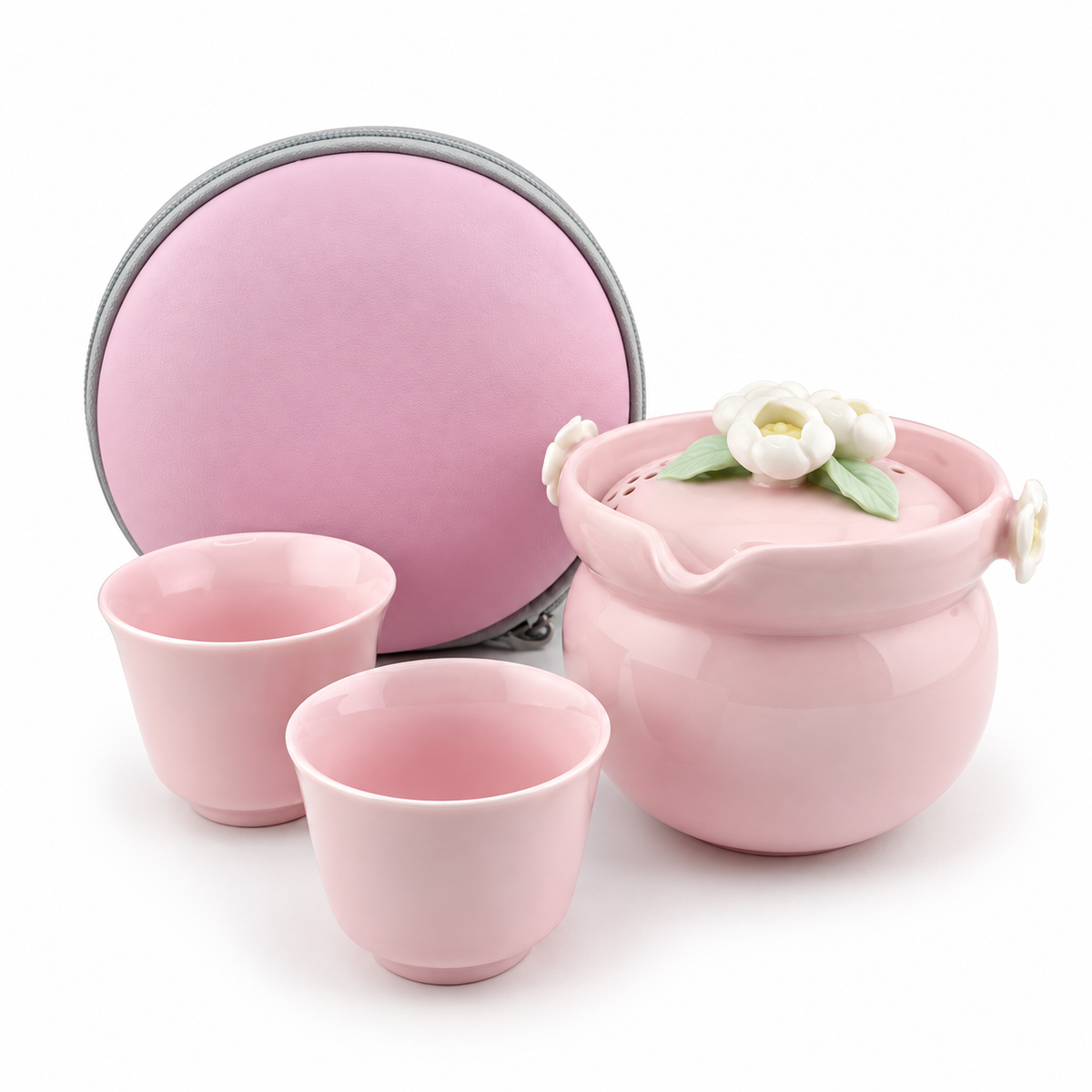 Sakura Pink Porcelain Travel Tea Set – Portable One-Pot Tea Set with 2 Cups & Carrying Case