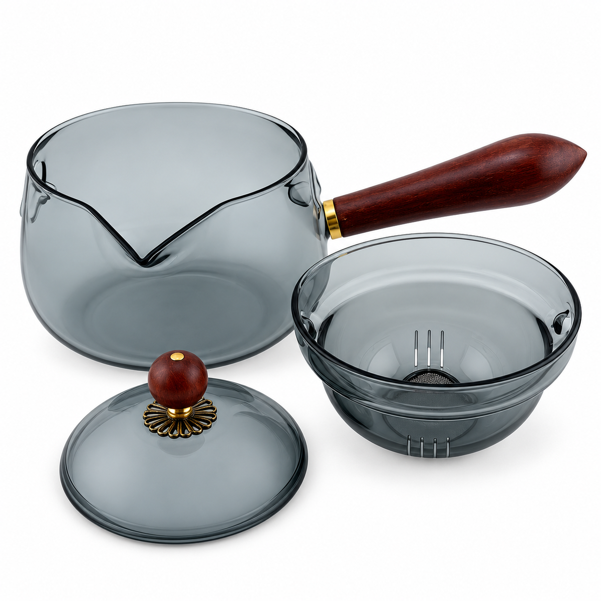 Smoked Gray Glass Teapot with Wooden Side Handle