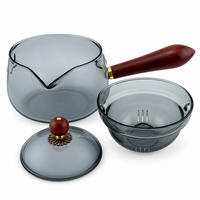 Smoked Gray Glass Teapot with Wooden Side Handle