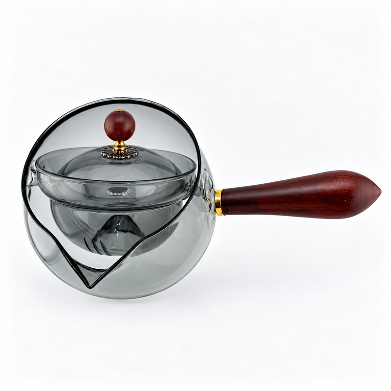 Smoked Gray Glass Teapot with Wooden Side Handle