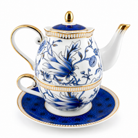 European Blue Orchid Porcelain Tea for One Set with Gold Rim – 600 ml