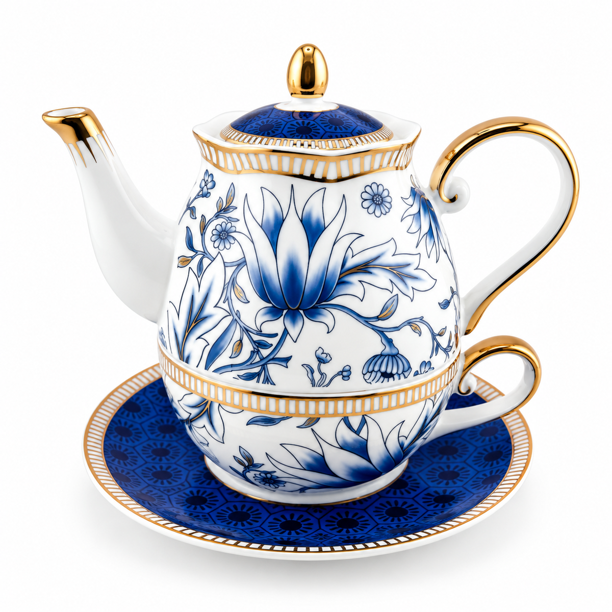 European Blue Orchid Porcelain Tea for One Set with Gold Rim – 600 ml