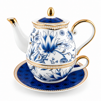 European Blue Orchid Porcelain Tea for One Set with Gold Rim – 600 ml