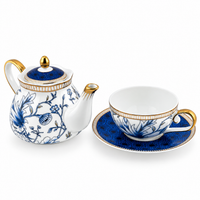 European Blue Orchid Porcelain Tea for One Set with Gold Rim – 600 ml