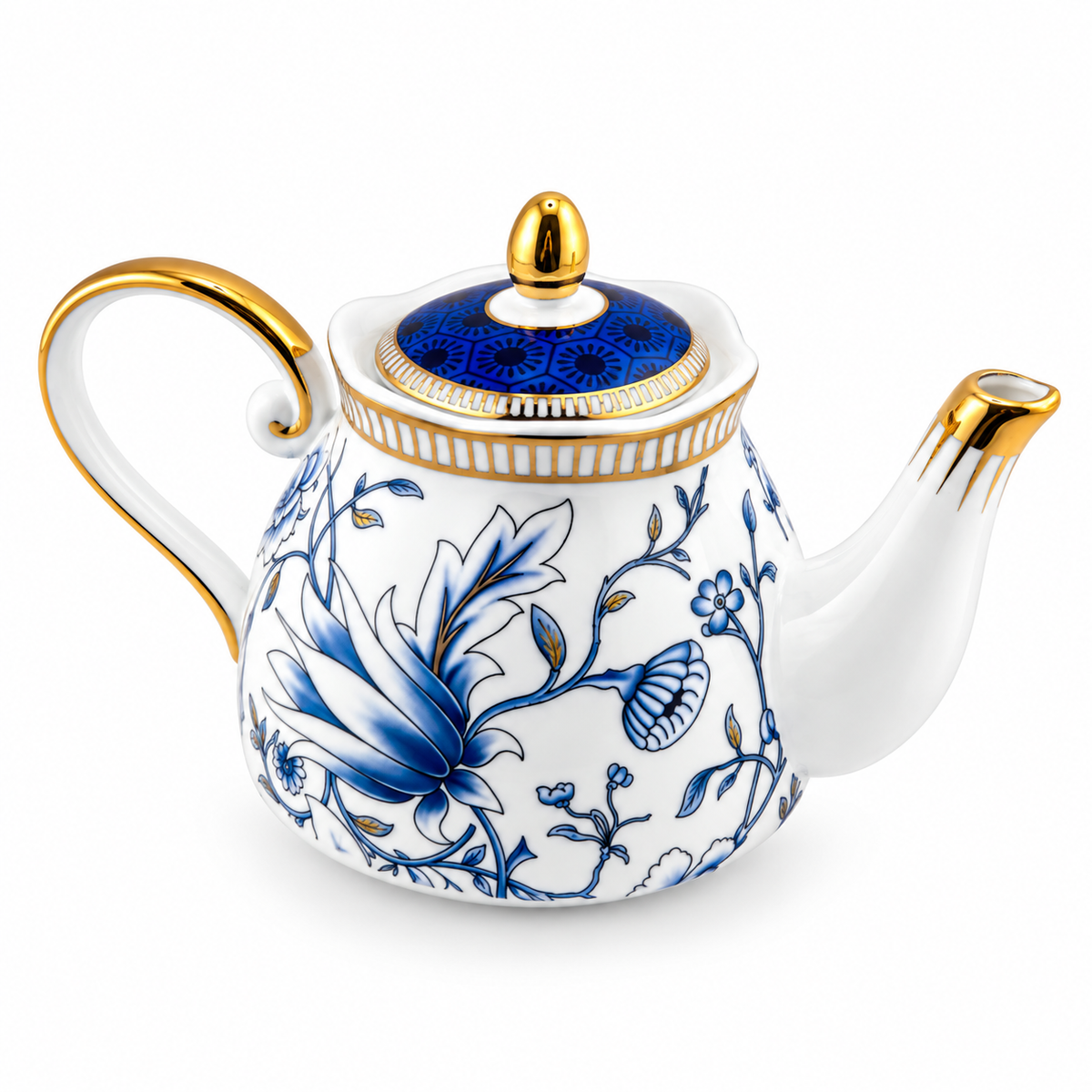 European Blue Orchid Porcelain Tea for One Set with Gold Rim – 600 ml