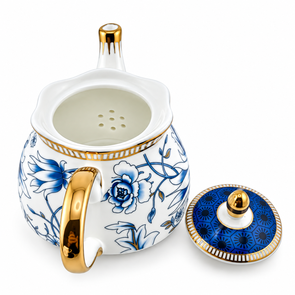 European Blue Orchid Porcelain Tea for One Set with Gold Rim – 600 ml
