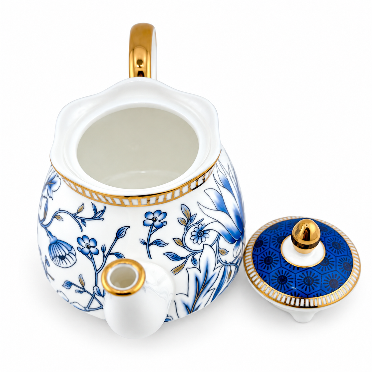 European Blue Orchid Porcelain Tea for One Set with Gold Rim – 600 ml