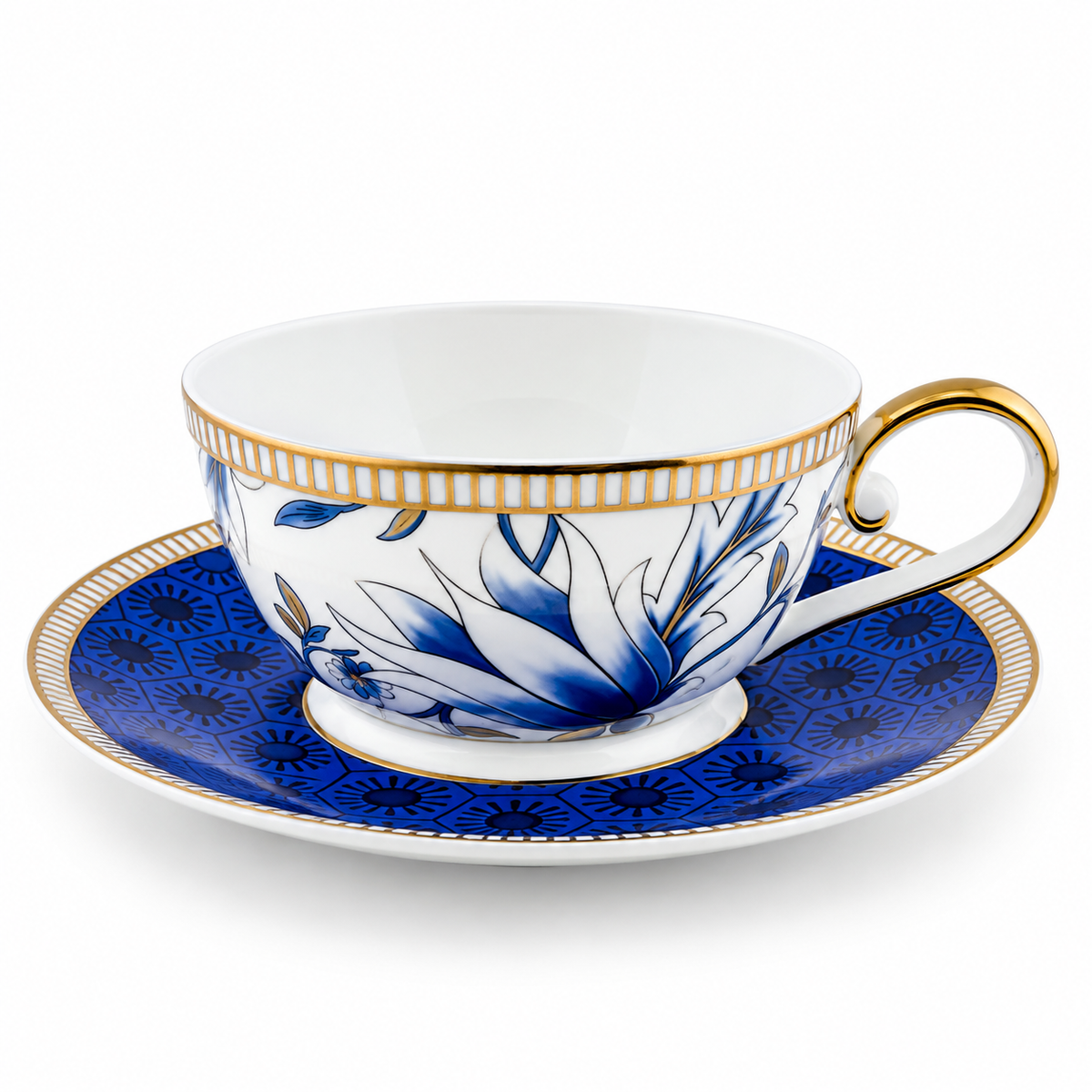 European Blue Orchid Porcelain Tea for One Set with Gold Rim – 600 ml