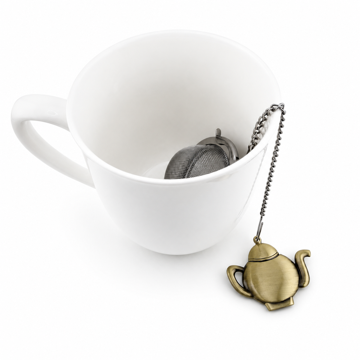 Teapot Tea Ball Infuser with Bronze Teapot Hanger – Stainless Steel Loose Leaf Tea Strainer