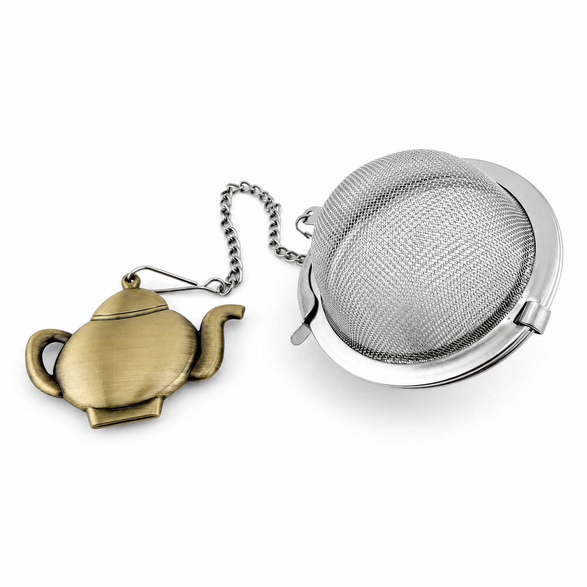 Teapot Tea Ball Infuser with Bronze Teapot Hanger – Stainless Steel Loose Leaf Tea Strainer