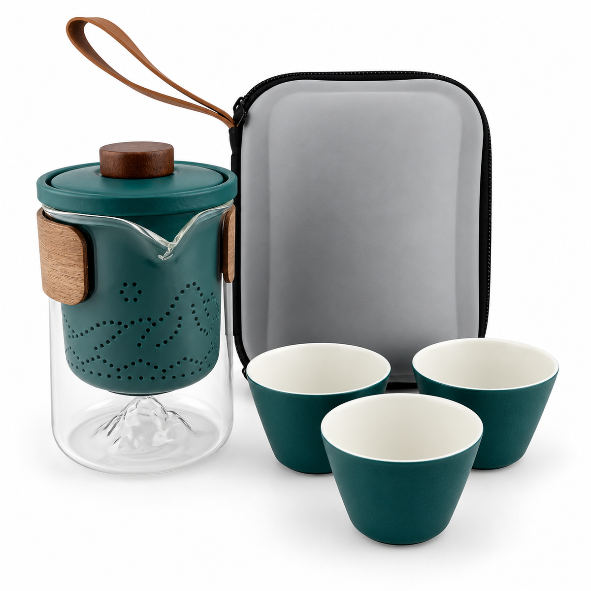 Portable Ceramic Travel Tea Set with Glass Teapot, Built-In Infuser & 3 Cups