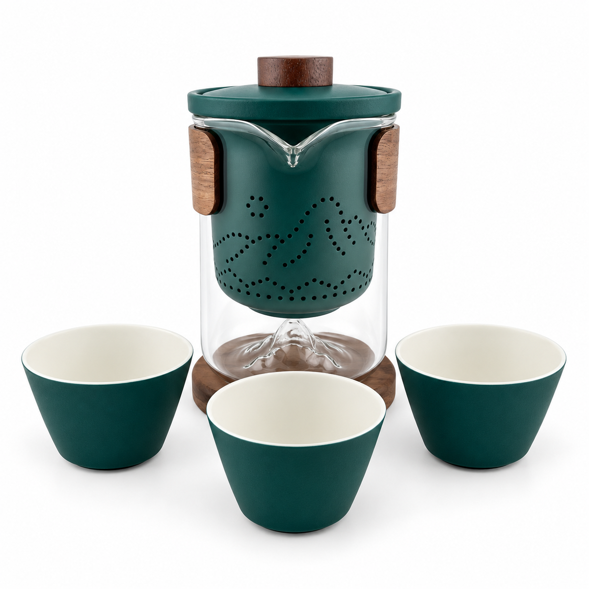 Portable Ceramic Travel Tea Set with Glass Teapot, Built-In Infuser & 3 Cups